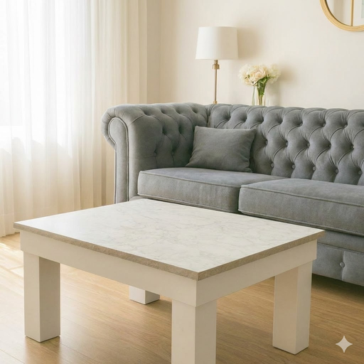 Mesa Ratona 80x60 simil carrara patas blancas
