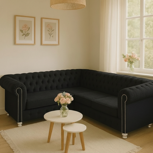 Sillon Chester esquinero 220x160 (Pana cross – Black, Plateadas, Lado izquierdo mirando de frente)