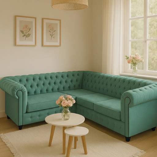 Sillon Chester esquinero 240x240 (Pana - Verde Tiffany, Sin tachas, Lado derecho mirando de frente)